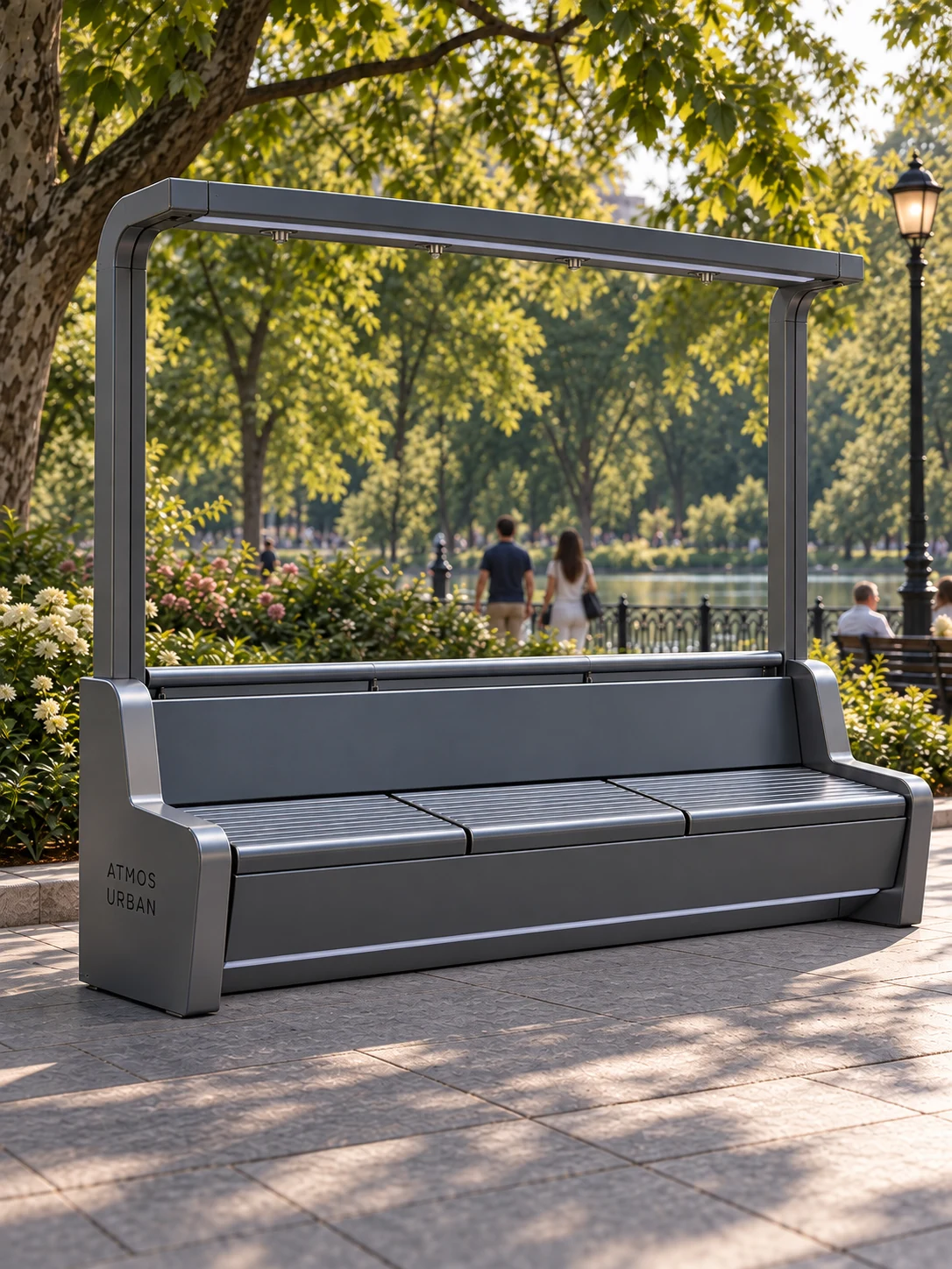 Climate Bench CB-1800 într-un parc, cu trei module de șezut și arcadă climatică